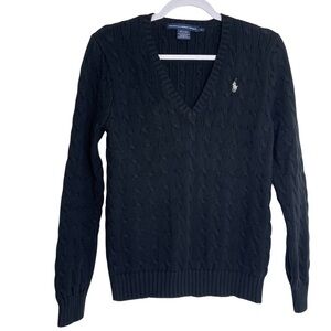 Ralph Lauren Sport V-Neck Cable Knit Sweater Navy Blue Cotton w/White Pony Sz XL